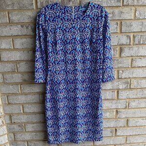 J. McLaughlin 3/4 Sleeve Blue/White Seashell Stretch Dress  Women's Size S.